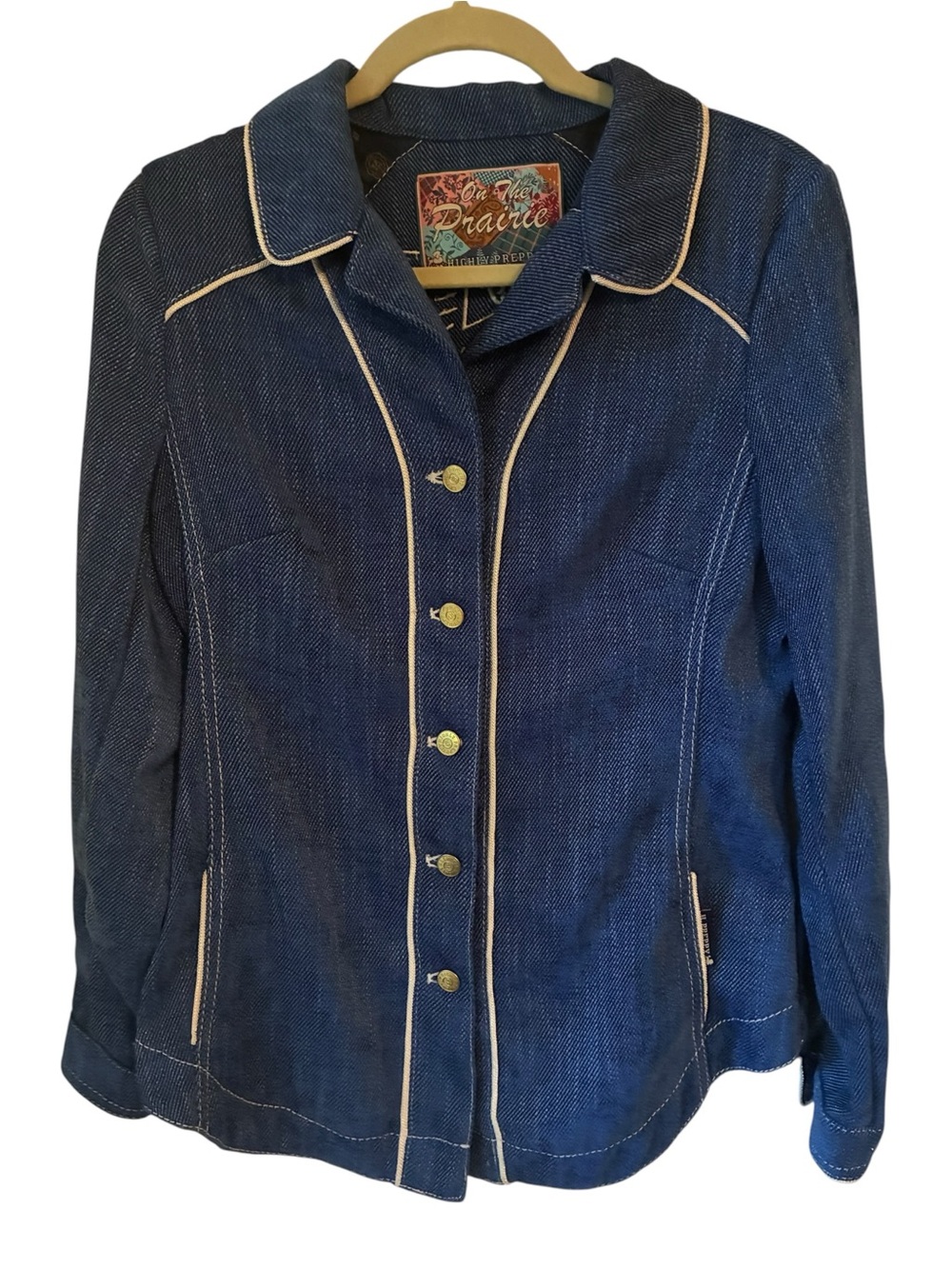 Highly Preppy On The Prairie Denim Jacket Blue Piping Blazer Coat Size L Large - Picture 2 of 11